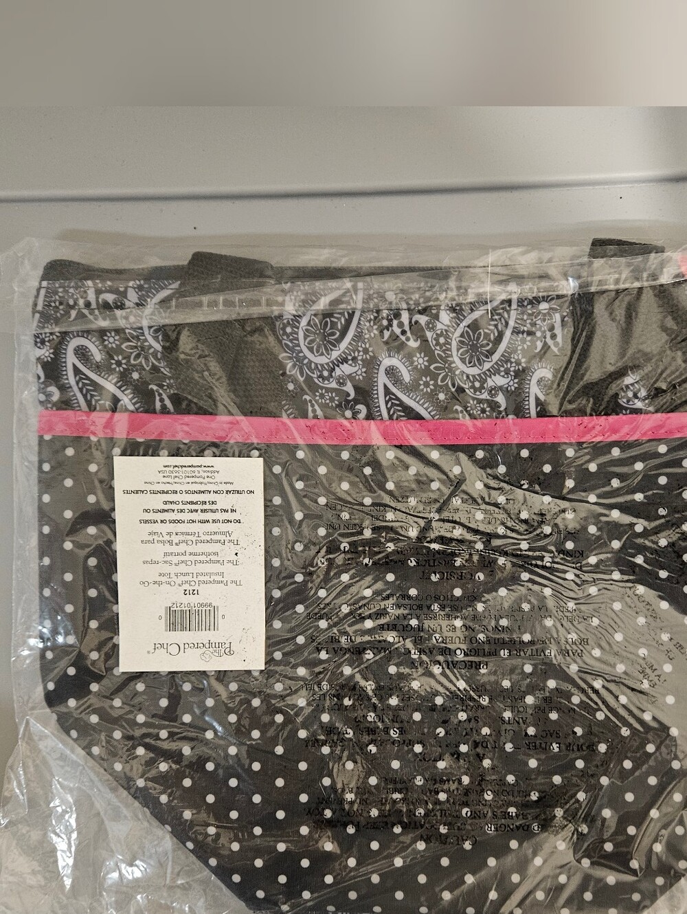 Pampered Chef Black White Polka Dot & Paisley Lunch Tote with Pink Trim